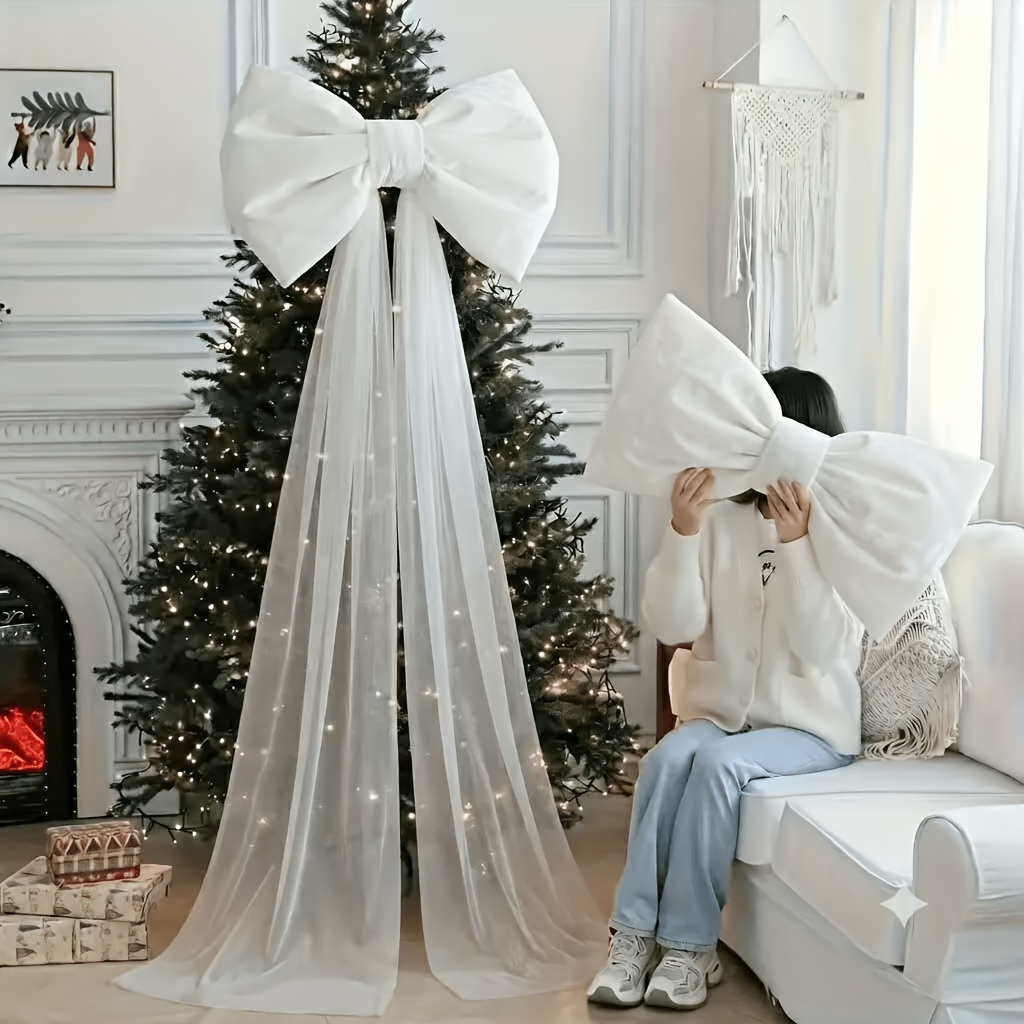 Oversized White Christmas Tree Topper Bow - Large Sheer Tulle Bow with Long Streamers for Xmas Tree, Home & Holiday Decor