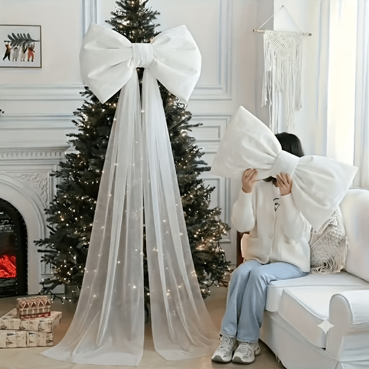 Oversized White Christmas Tree Topper Bow - Large Sheer Tulle Bow with Long Streamers for Xmas Tree, Home & Holiday Decor