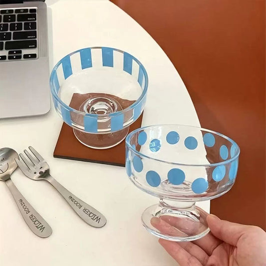 Cute Blue Striped & Polka Dot Glass Dessert Bowls - Clear Footed Ice Cream Cups for Parties, Yogurt & Snacks (Set of X)