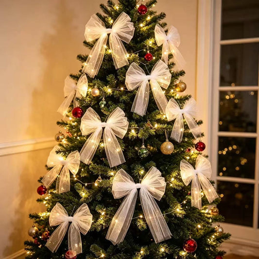 Elegant White Sheer Tulle Christmas Bows - Large Glitter Mesh Ribbon Ornaments for Xmas Tree, Wreaths & Holiday Party Decor (Set of X)