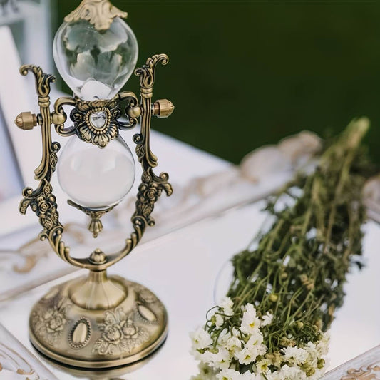 Vintage Brass Crystal Hourglass - Elegant European Style Desk Decor, Ornate Metal Frame & Rhinestone Accent, Romantic Gift for Weddings & Home